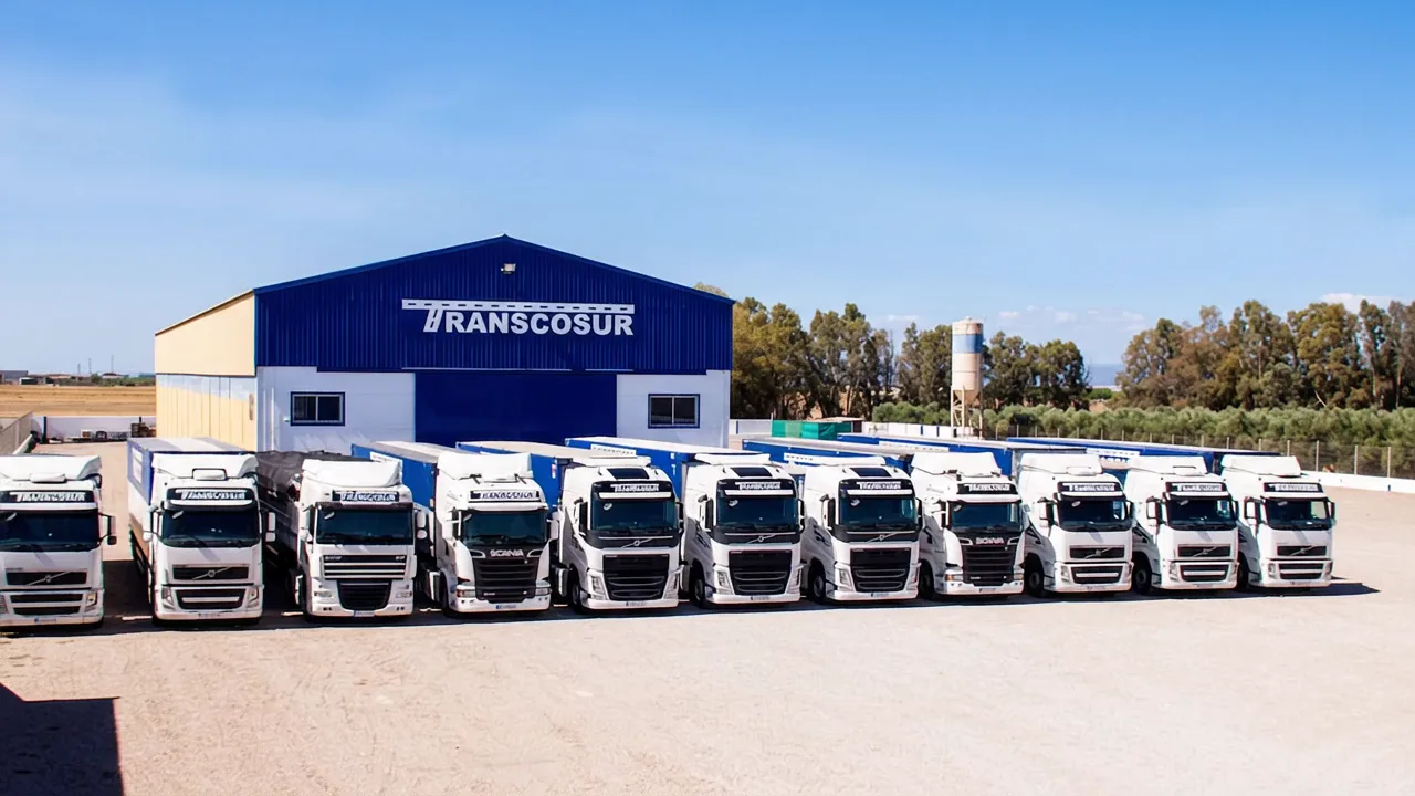 Naves y campa de Transcosur en Fuente Palmera con la flota aparcada